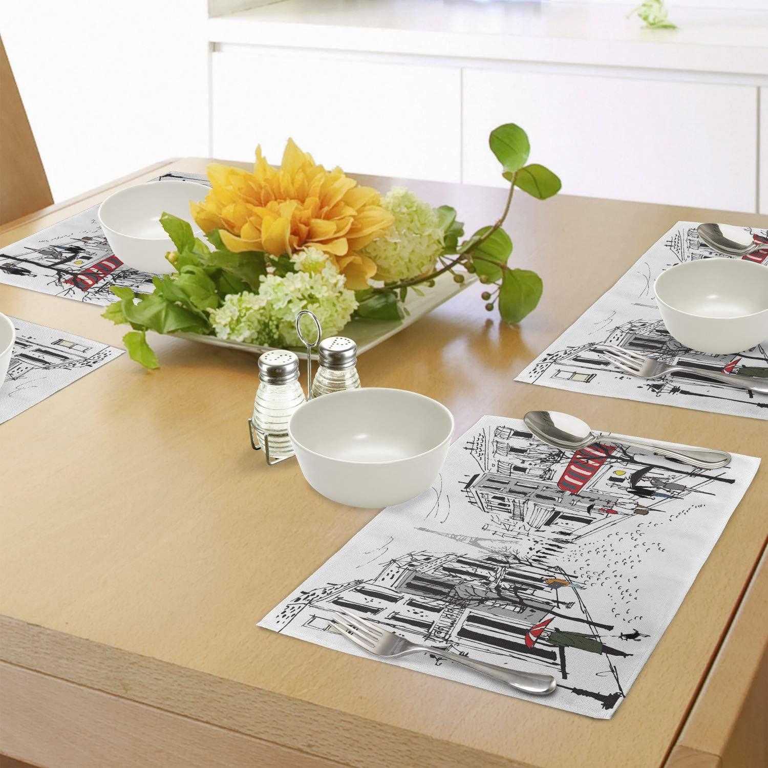 imageAmbesonne Paris Place Mats Set of 4 Old French Pedestrians Stores Trees and The Silhouette of Eifffel Urban Illustration Washable Fabric Placemats for Dining Table Standard Size Gray White