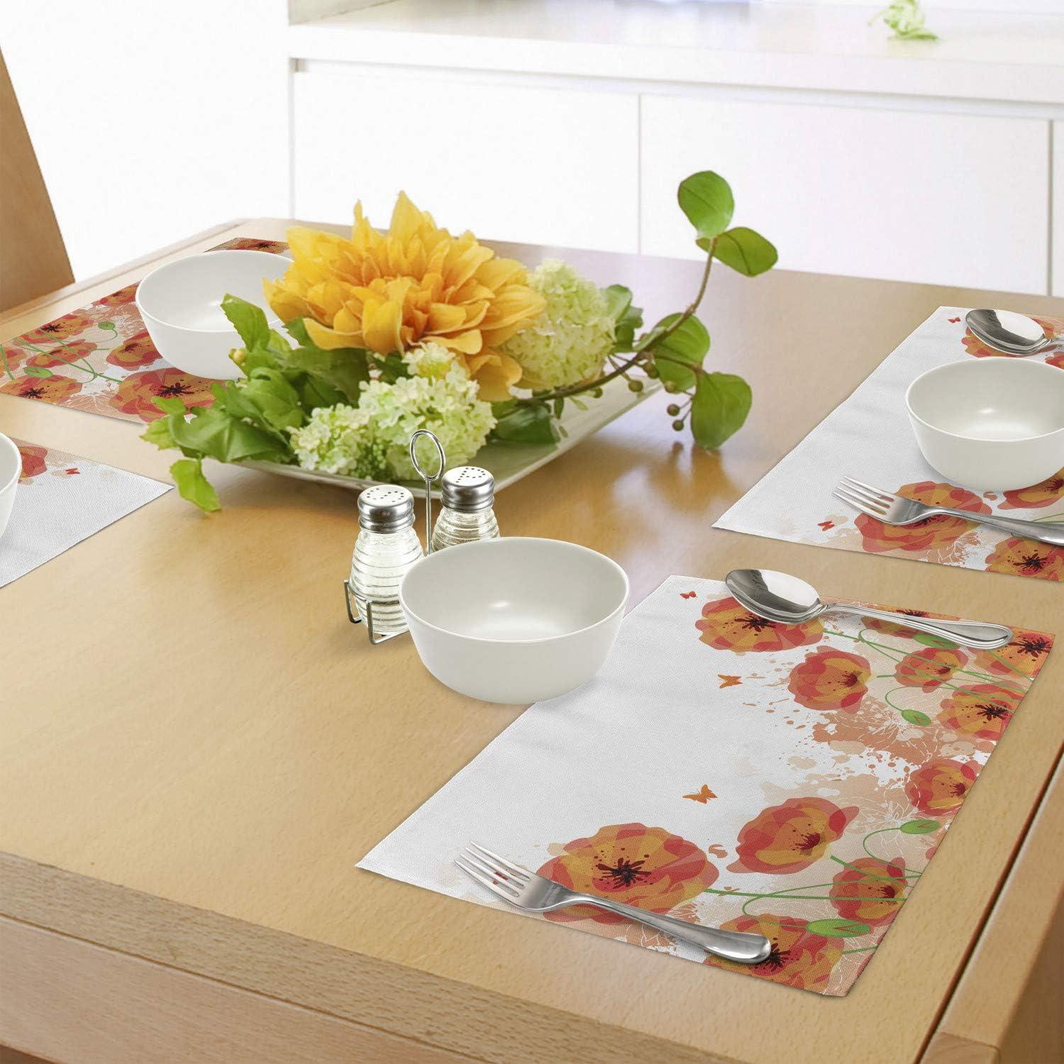 imageAmbesonne Poppy Flower Place Mats Set of 4 Digital Watercolors Design of Poppy Classic Botany Bouquet Patterns Print Washable Fabric Placemats for Dining Table Standard Size Orange White