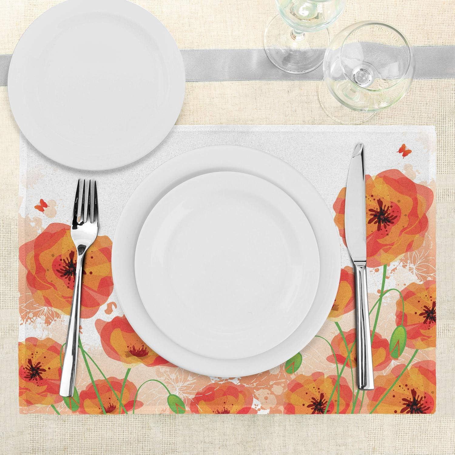 imageAmbesonne Poppy Flower Place Mats Set of 4 Digital Watercolors Design of Poppy Classic Botany Bouquet Patterns Print Washable Fabric Placemats for Dining Table Standard Size Orange White