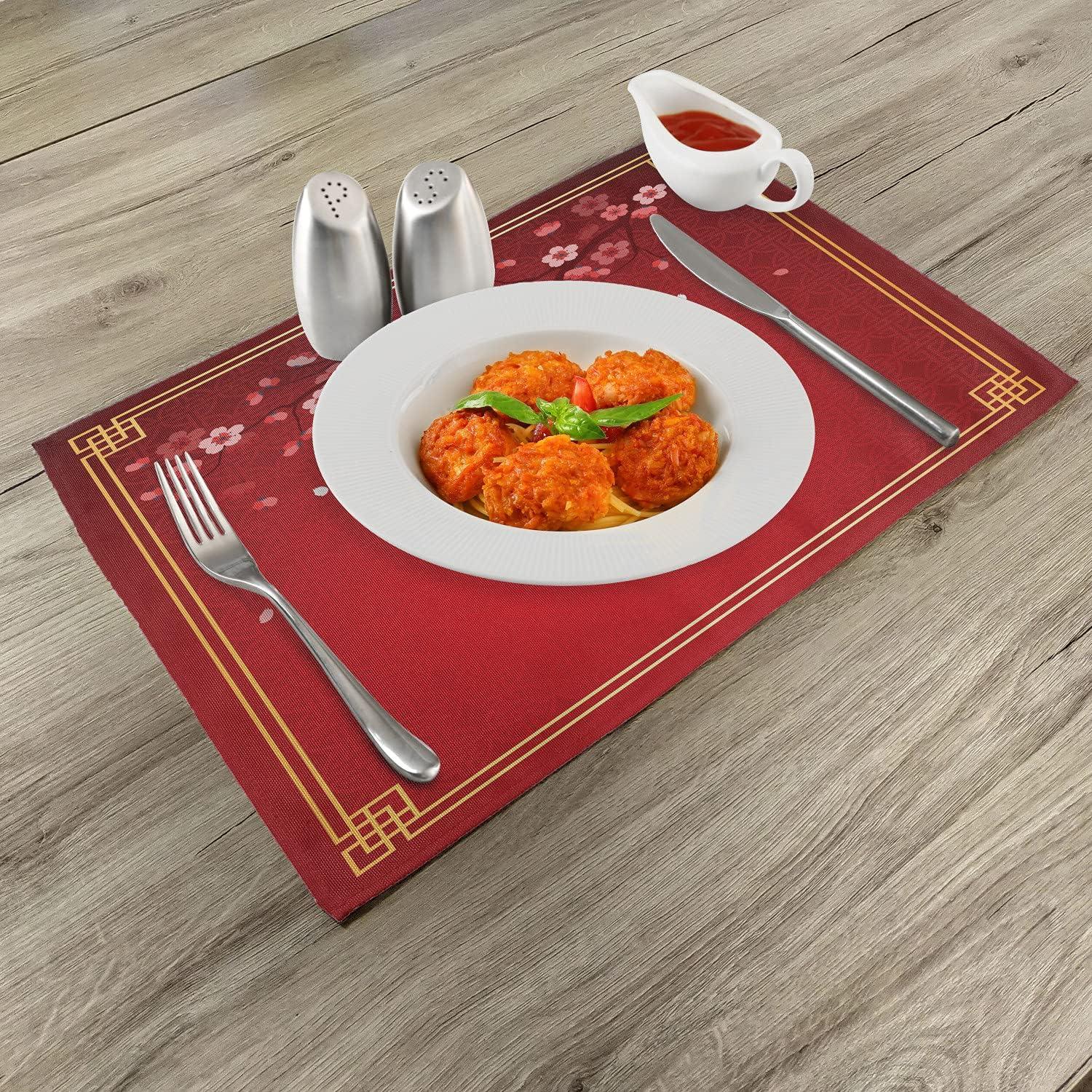 imageAmbesonne Red Place Mats Set of 4 Flowering Branch of a Cherry Tree in Spring with Traditional Chinese Framework Washable Fabric Placemats for Dining Room Kitchen Table Decor Red Marigold Coral