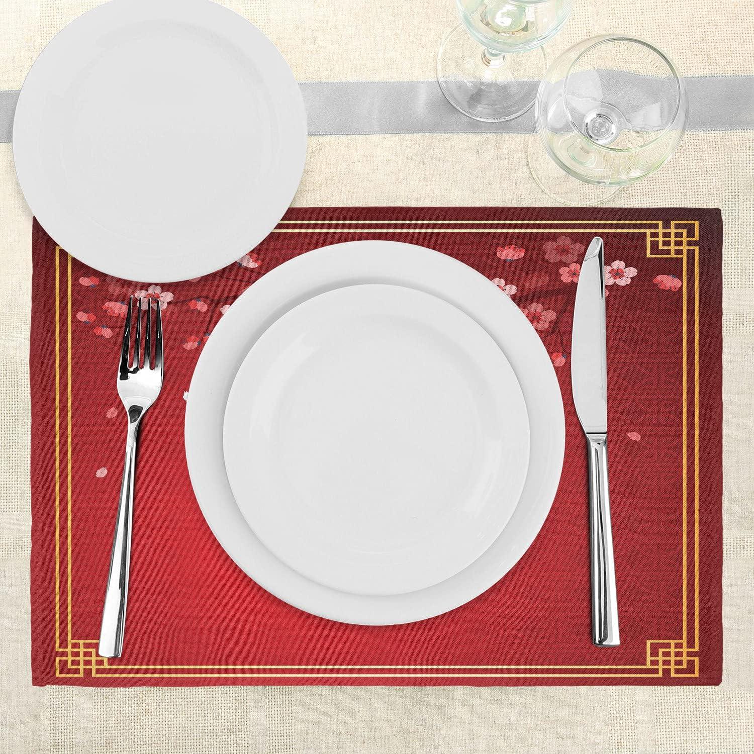 imageAmbesonne Red Place Mats Set of 4 Flowering Branch of a Cherry Tree in Spring with Traditional Chinese Framework Washable Fabric Placemats for Dining Room Kitchen Table Decor Red Marigold Coral