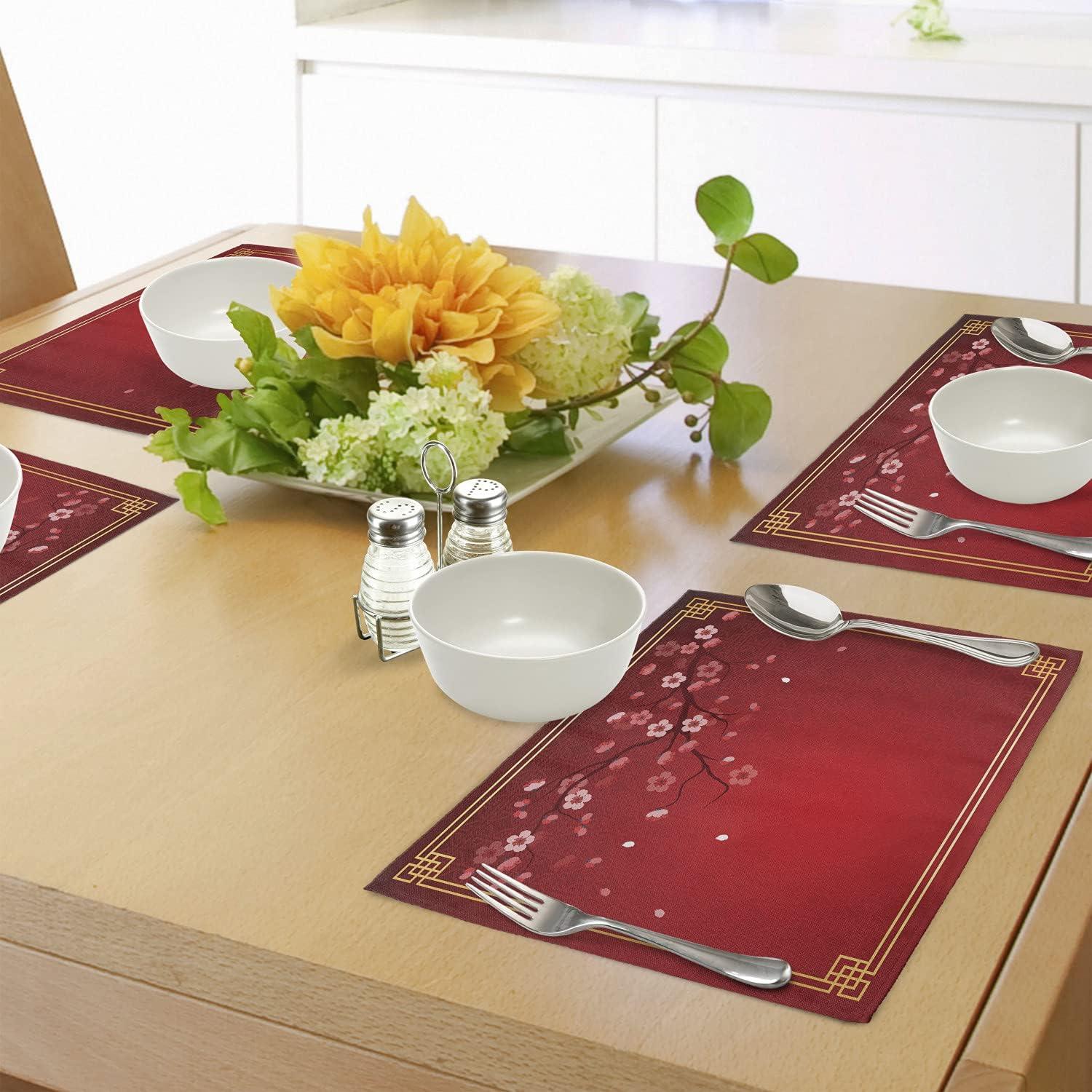 imageAmbesonne Red Place Mats Set of 4 Flowering Branch of a Cherry Tree in Spring with Traditional Chinese Framework Washable Fabric Placemats for Dining Room Kitchen Table Decor Red Marigold Coral