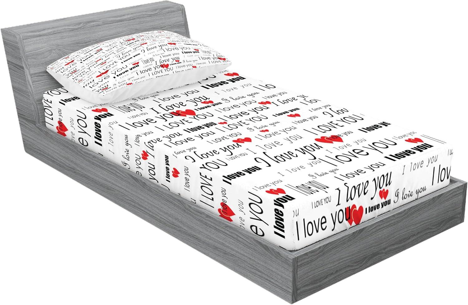 imageAmbesonne Romantic Fitted Sheet amp Pillow Sham Set I Love You Words Hearts Romance Couple Valentine Plain Backdrop Decorative Printed 2 Piece Bedding Decor Set Twin Vermilion White