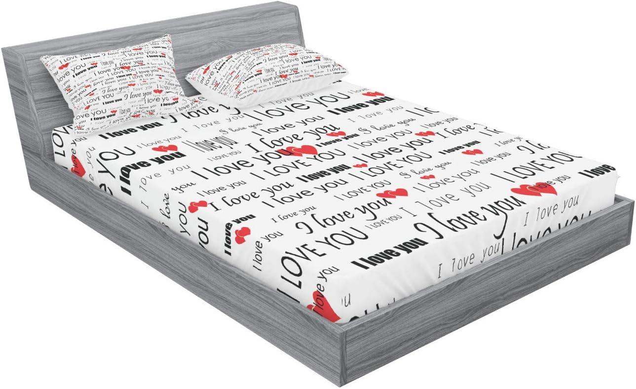 imageAmbesonne Romantic Fitted Sheet amp Pillow Sham Set I Love You Words Hearts Romance Couple Valentine Plain Backdrop Decorative Printed 3 Piece Bedding Decor Set Queen Vermilion White