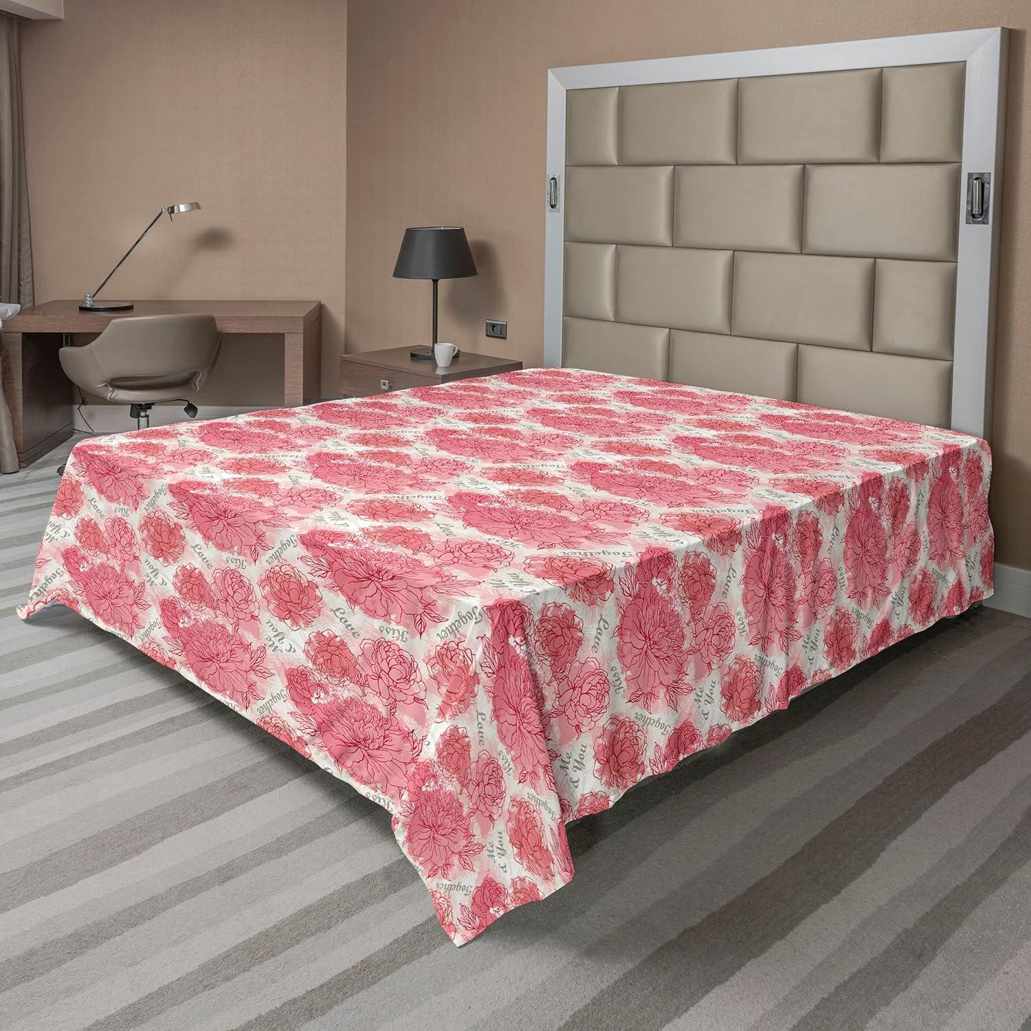 imageAmbesonne Romantic Flat Sheet Valentines Day Kiss Love Me and You Lettering with Blooming Flowers Soft Comfortable Top Sheet Decorative Bedding 1 Piece King Size Pastel Pink Grey EggshellPastel Pink Grey Eggshell