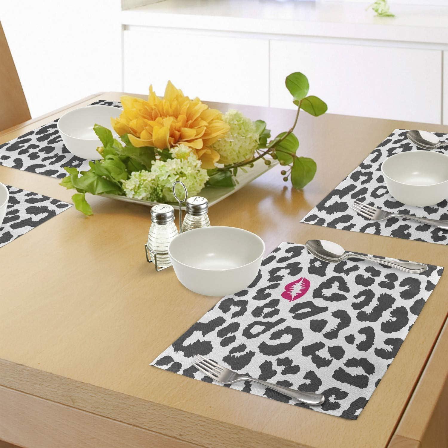 imageAmbesonne Safari Place Mats Set of 4 Leopard Cheetah Animal Print Kiss Shape Lipstick Mark Dotted Trend Art Washable Fabric Placemats for Dining Table Standard Size Black Pink