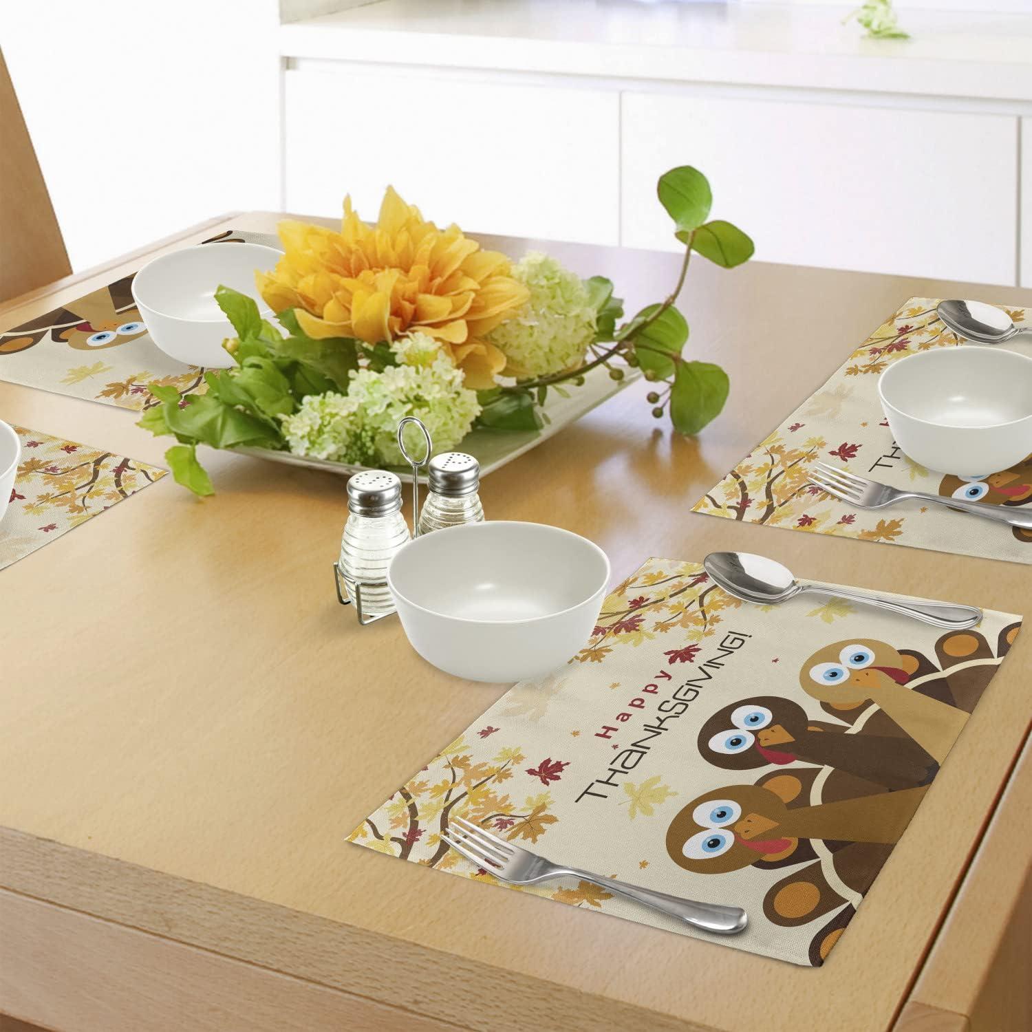 imageAmbesonne Turkey Place Mats Set of 4 Happy Thanksgiving Falling Leaves and Poultry Birds Harvest Time Celebration Washable Fabric Placemats for Dining Table Standard Size Brown Cream