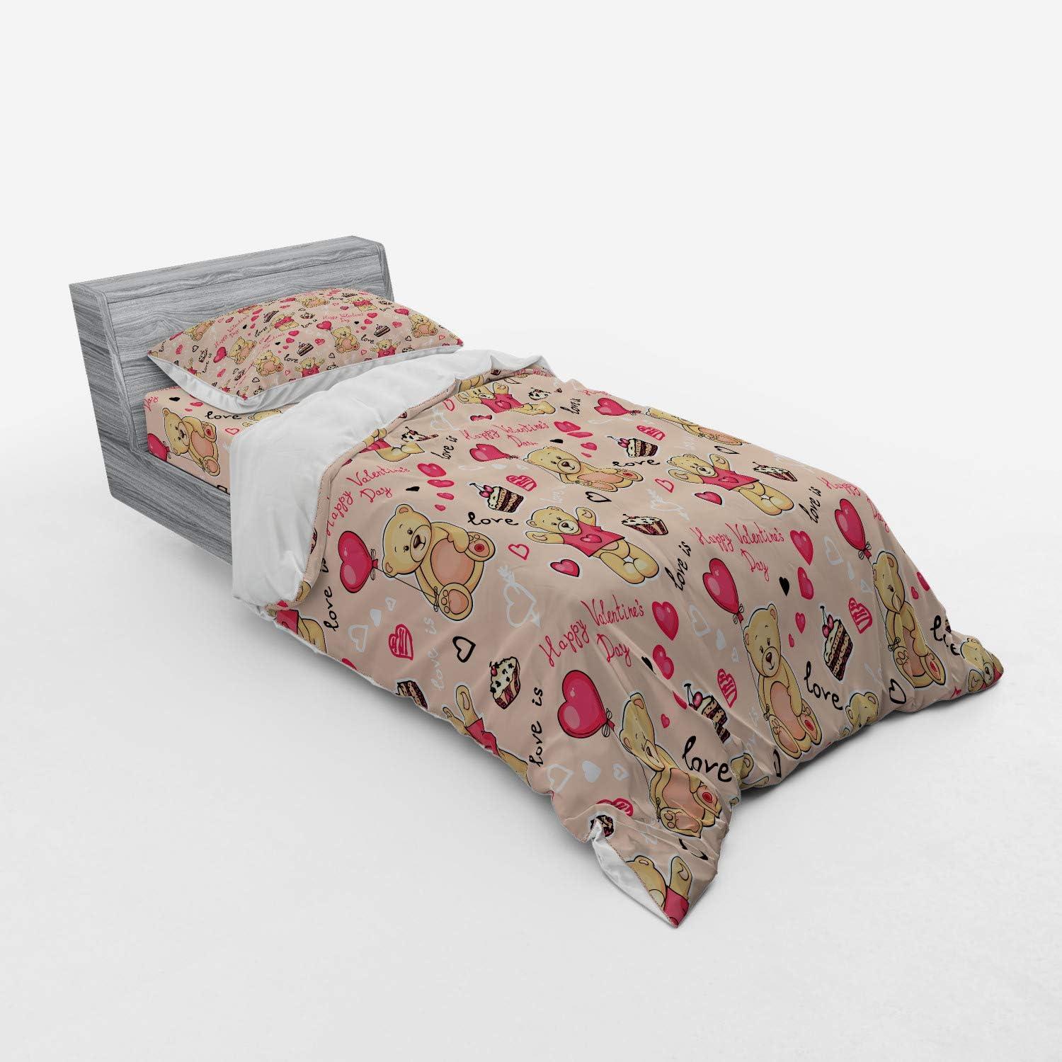 imageAmbesonne Valentines Bedding Set Teddy Bears Celebrating Your Happy Valentines Day Cakes Balloons 4 Piece Duvet Cover Set with Shams and Fitted Sheet Queen Size Coral Brown PeachCoral Brown Peach
