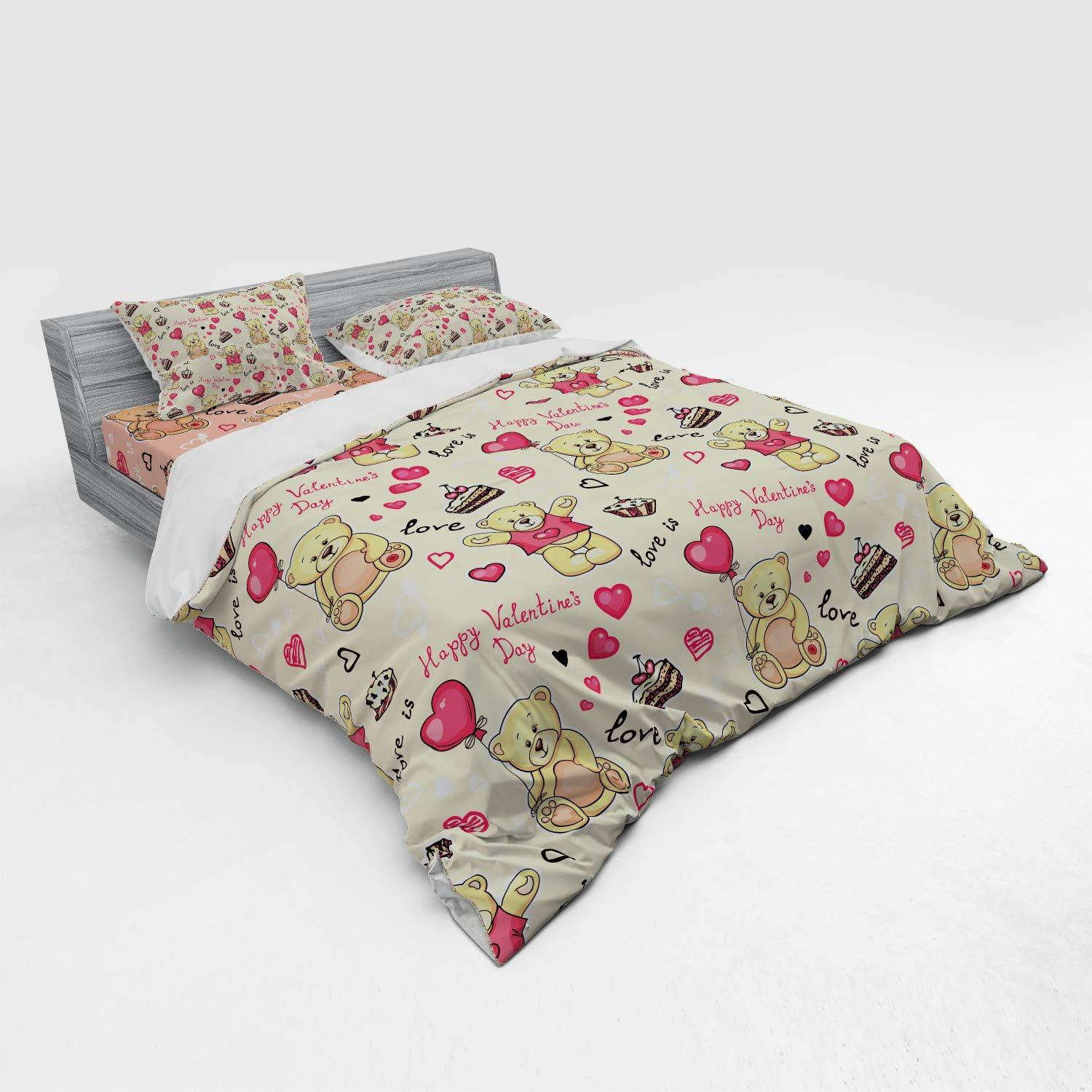 imageAmbesonne Valentines Bedding Set Teddy Bears Celebrating Your Happy Valentines Day Cakes Balloons 4 Piece Duvet Cover Set with Shams and Fitted Sheet Queen Size Coral Brown PeachCoral Brown Peach