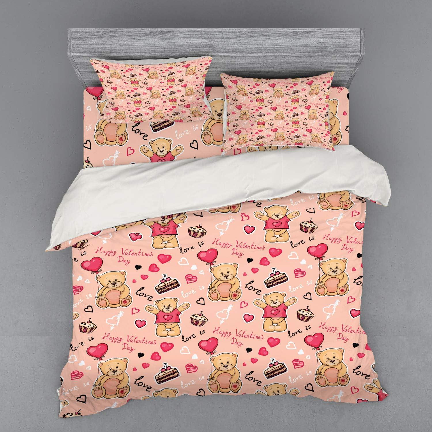 imageAmbesonne Valentines Bedding Set Teddy Bears Celebrating Your Happy Valentines Day Cakes Balloons 4 Piece Duvet Cover Set with Shams and Fitted Sheet Queen Size Coral Brown PeachCoral Brown Peach