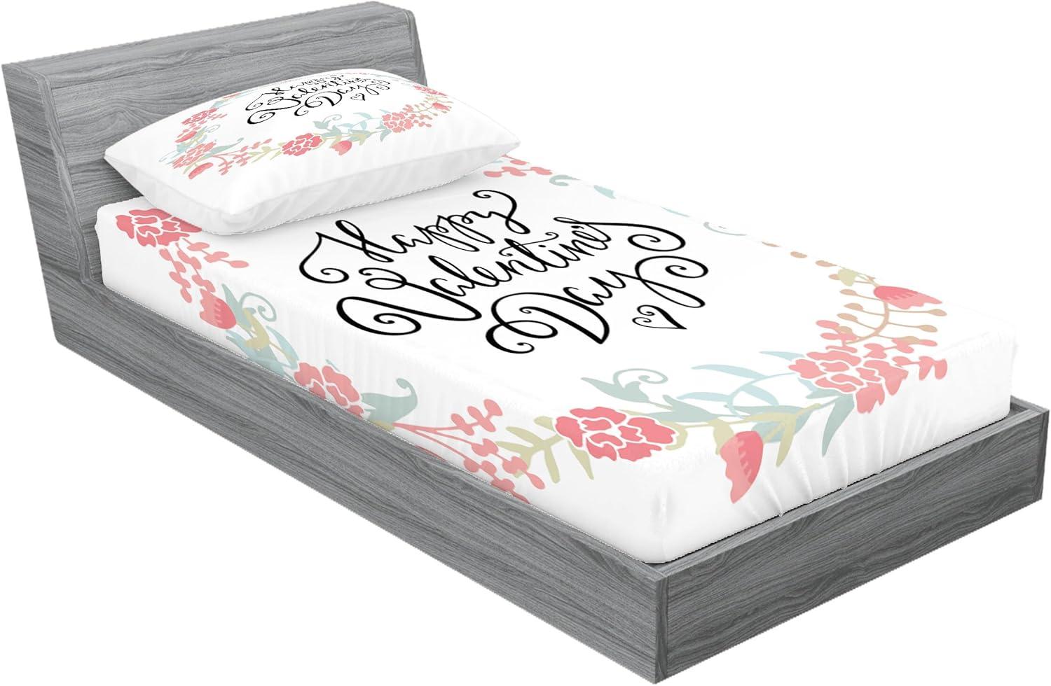 imageAmbesonne Valentines Day Fitted Sheet amp Pillow Sham Set Floral Flowers Buds Roses Tulips Circled Frame Valentine Hearts Decorative Printed 2 Piece Bedding Decor Set Twinxl White and Black