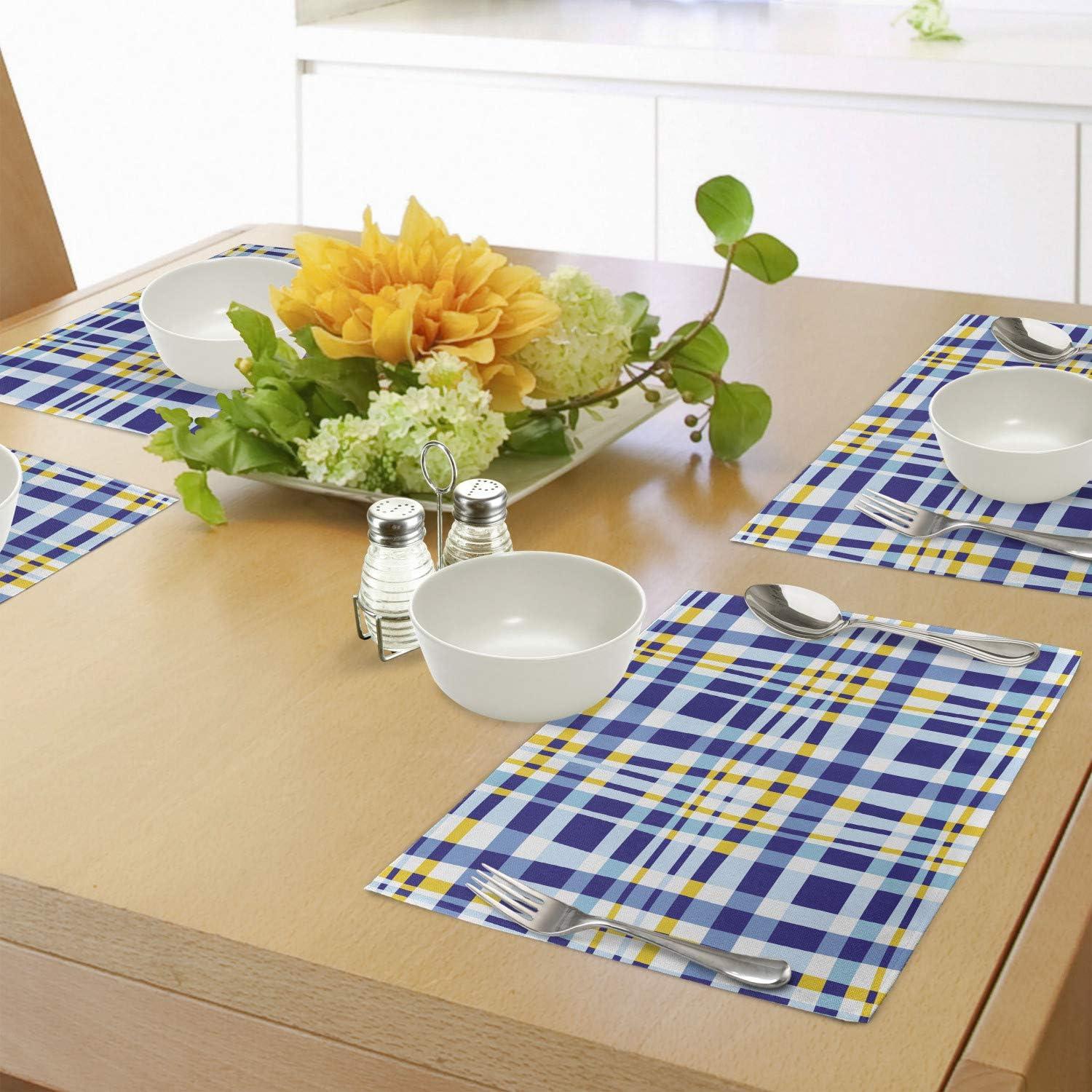 imageAmbesonne Yellow and Blue Place Mats Set of 4 Retro Scottish Checkered Tartan with Color Stripes Lines Pattern Washable Fabric Placemats for Dining Table Standard Size Blue