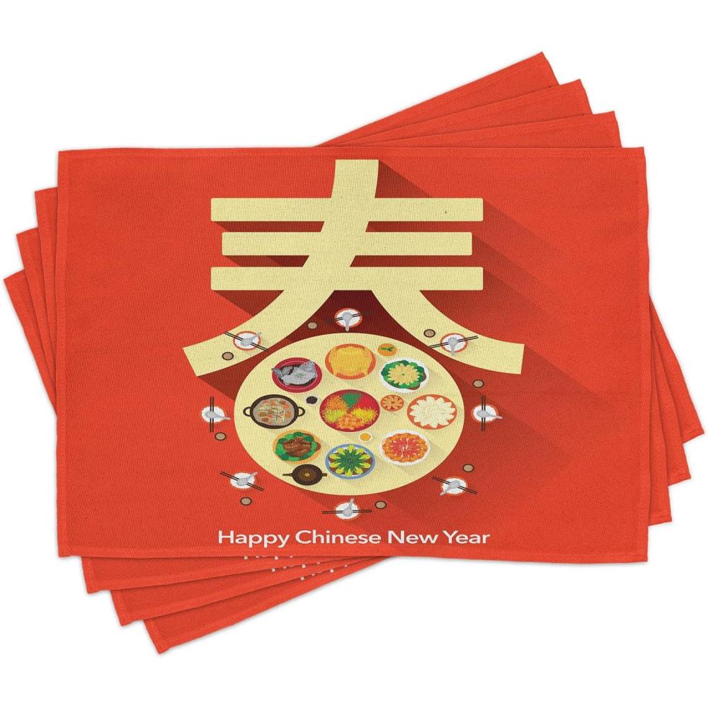 imageAmbesonne Chinese New Year Place Mats Set of 4 Traditional Family Reunion Dinner Table with Food for The Lunar Festival Washable Fabric Placemats for Dining Table Standard Size Red Yellow