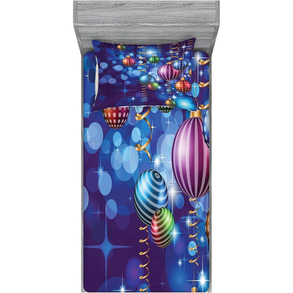 imageAmbesonne Christmas Fitted Sheet amp Pillow Sham Set Happy New Year Party Celebrations Swirling Ornaments and Balls Print Decorative Printed 2 Piece Bedding Decor Set Twin Purple Navy