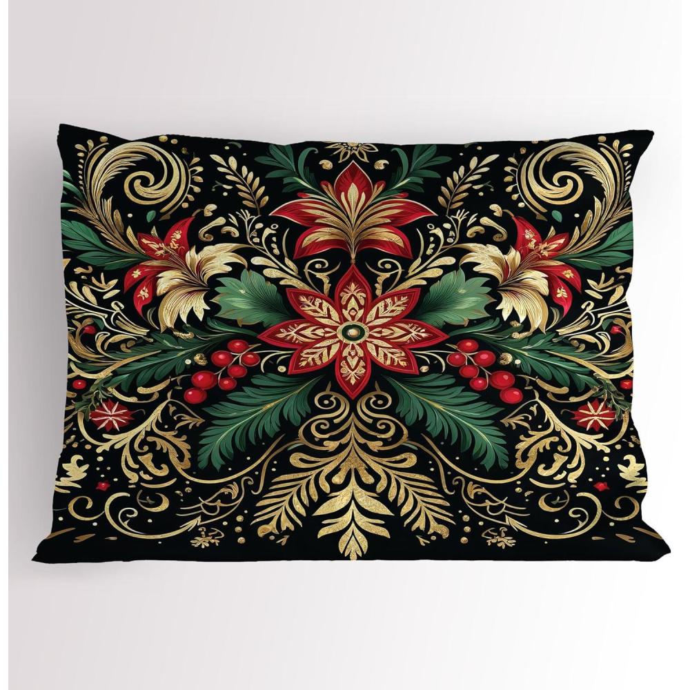 imageAmbesonne Christmas Pillow Sham Black Xmas with Victorian Leaves and Flowery Huddle Snowflake Details Decorative Standard Size Printed Pillowcase 26 X 20 Dark Pink Green Khaki