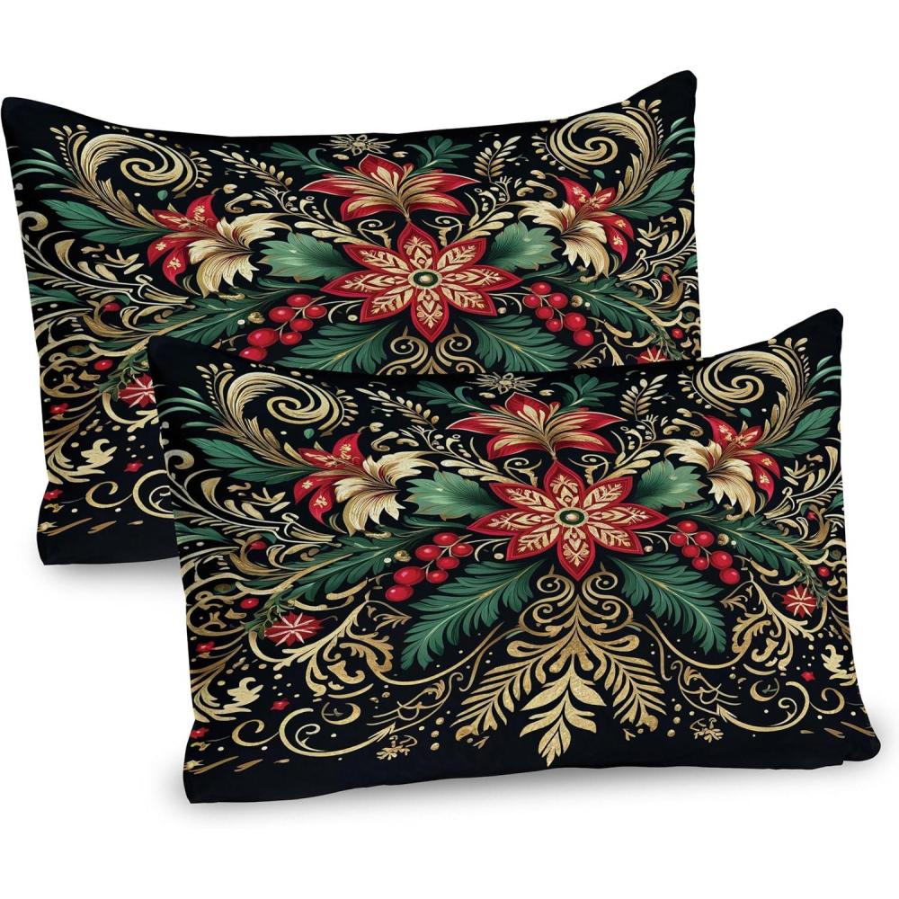 imageAmbesonne Christmas Pillow Sham Set of 2 Black Xmas with Victorian Leaves and Flowery Huddle Snowflake Details Quality Microfiber Bedding Item for All Seasons 30 x 20 Dark Pink Green Khaki