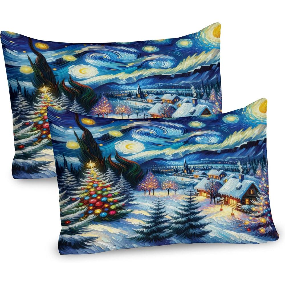 imageAmbesonne Christmas Pillow Sham Set of 2 Starry Night with Snowy Roof Houses and Xmas Tress Paint Print Quality Microfiber Bedding Item for All Seasons 26 x 20 Blue Evergreen and Mustard