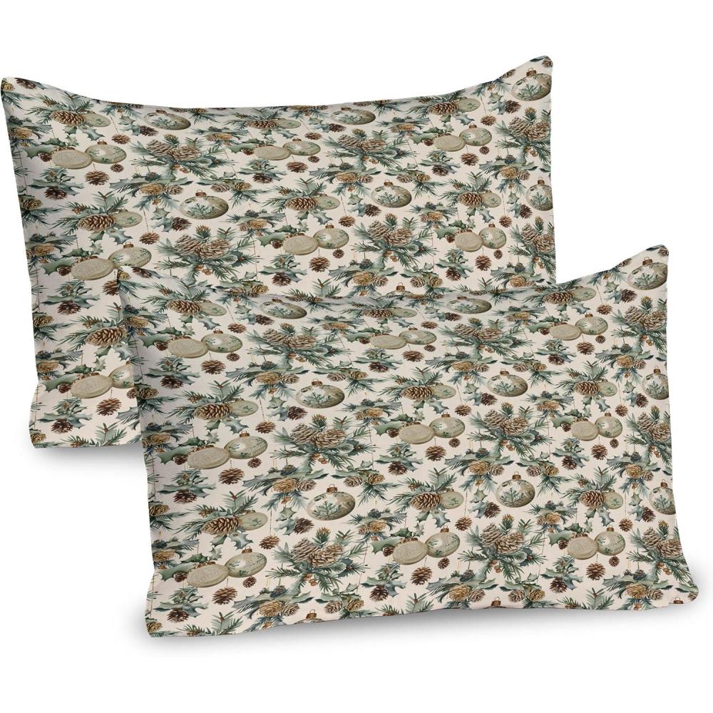 imageAmbesonne Christmas Pillow Sham Set of 2 Vintage Merry Xmas with Pine Cones Globes and Pine Leaves Illustration Quality Microfiber Bedding Item for All Seasons 26 x 20 Brown Green and Blue