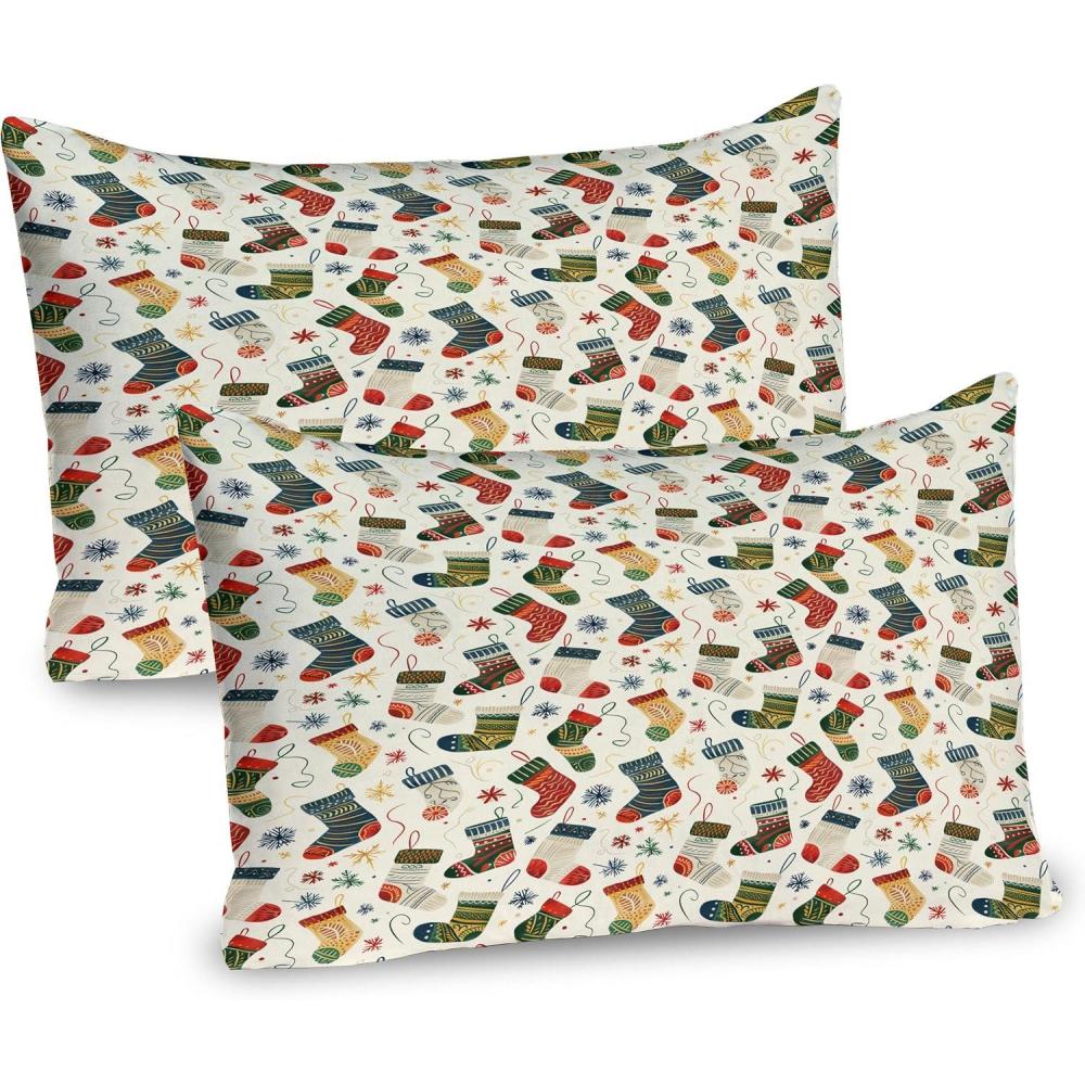 imageAmbesonne Christmas Pillow Sham Set of 2 Whimsical Colorful Xmas Stockings Falling Snowflakes Illustration Quality Microfiber Bedding Item for All Seasons 26 x 20 Dark Coral Teal Blue Grey