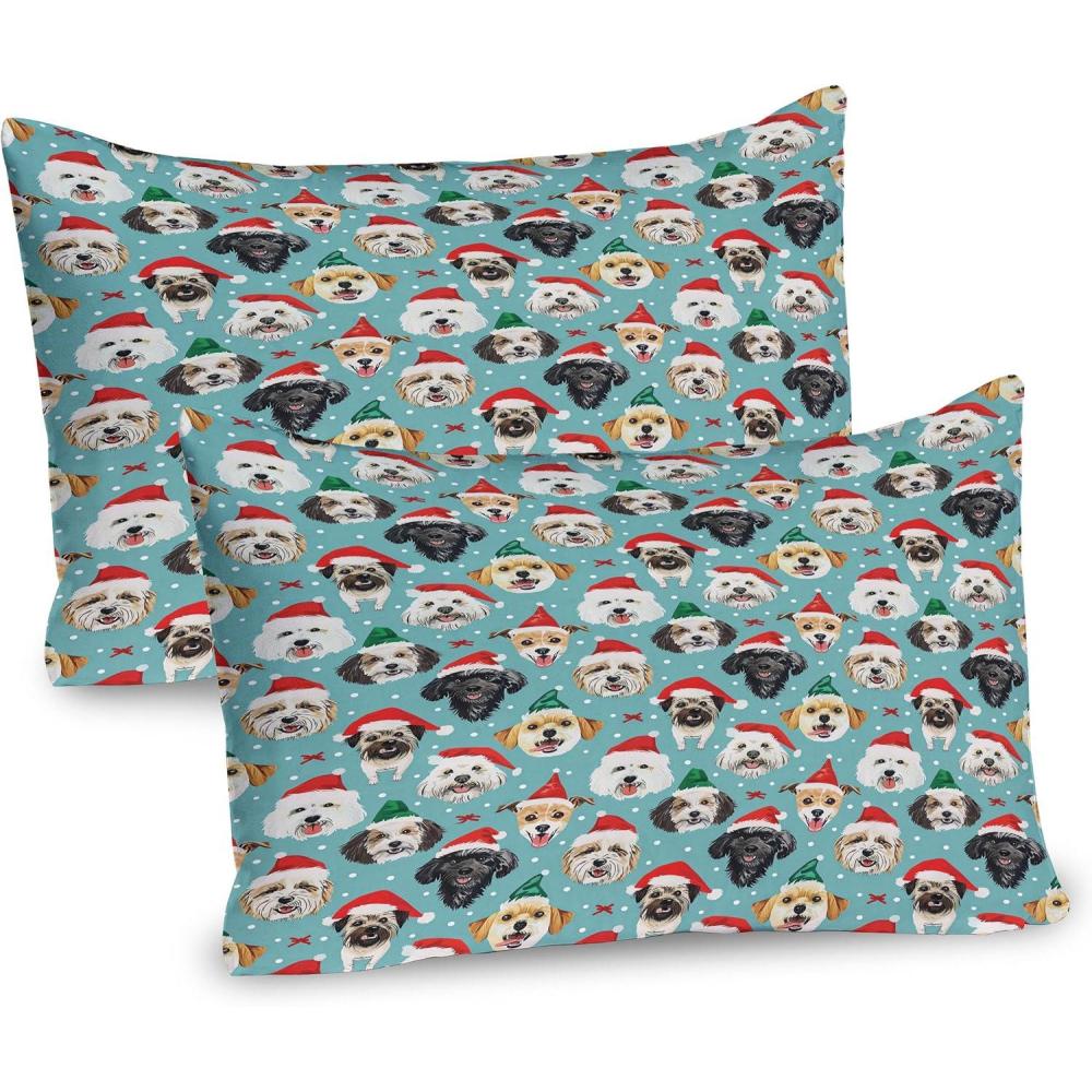 imageAmbesonne Christmas Pillow Sham Set of 2 Whimsical Happy Dogs and Puppies with Santas Hat Illustration Print Quality Microfiber Bedding Item for All Seasons 26 x 20 Seafoam Vermilion Green