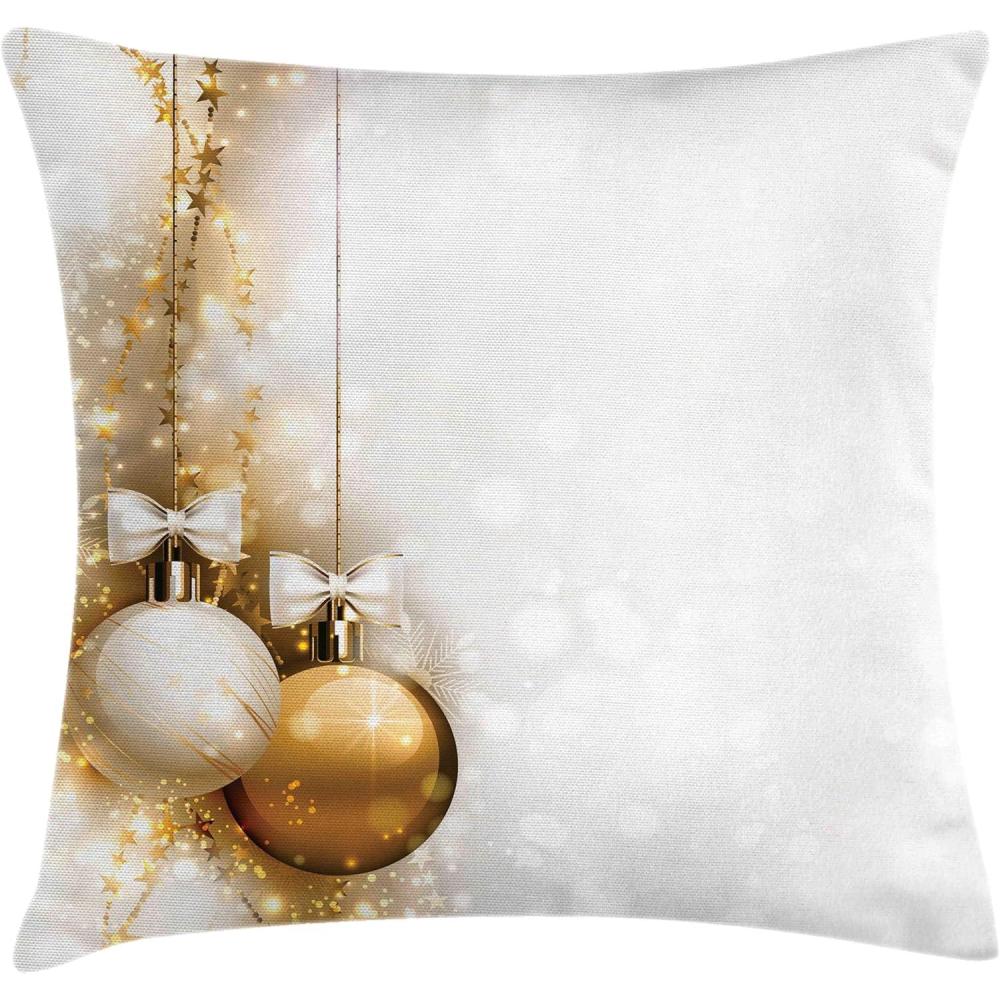 imageAmbesonne Christmas Throw Pillow Cushion Cover Featured Xmas Baubles with Ribbon Holiday Wish Artwork Image Illustration Decorative Square Accent Pillow Case 18 X 18 White and Beige