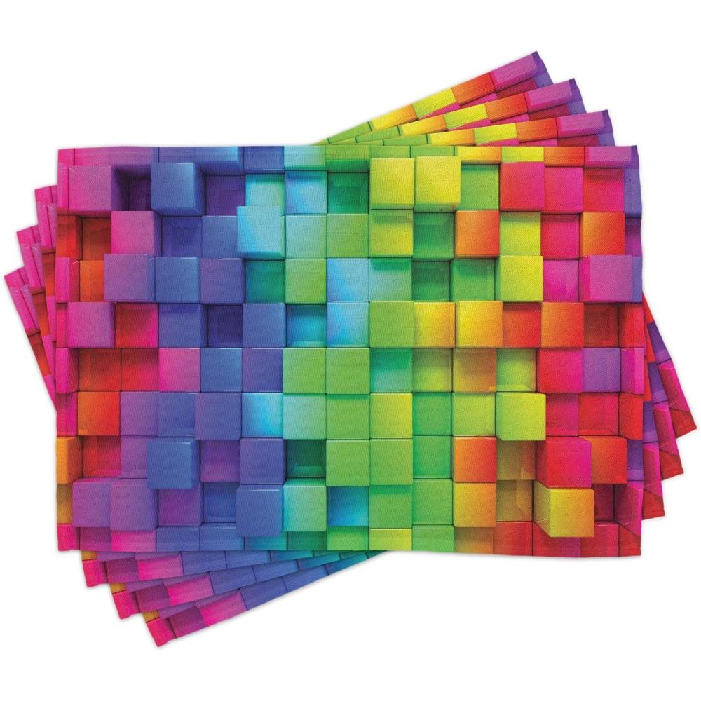 imageAmbesonne Colorful Place Mats Set of 4 Rainbow Colored Contour Display Futuristic Block BrickLike Geometric Artisan Washable Fabric Placemats for Dining Table Standard Size Rainbow Colors