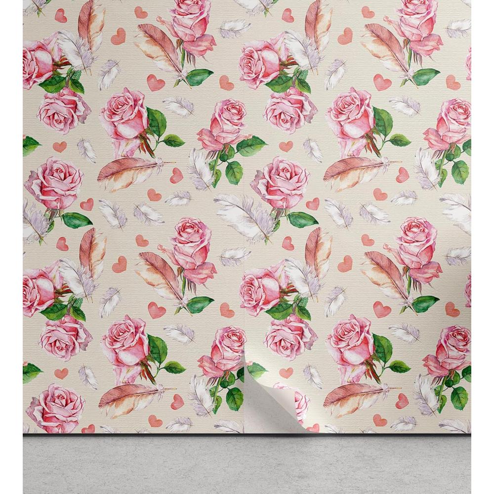 imageAmbesonne Floral Peel amp Stick Wallpaper for Home Romantic Concept Art Featuring Rose Flowers Hearts Leaves Valentine SelfAdhesive Living Room Kitchen Accent 13 x 36 Pastel Pink and Fern Green