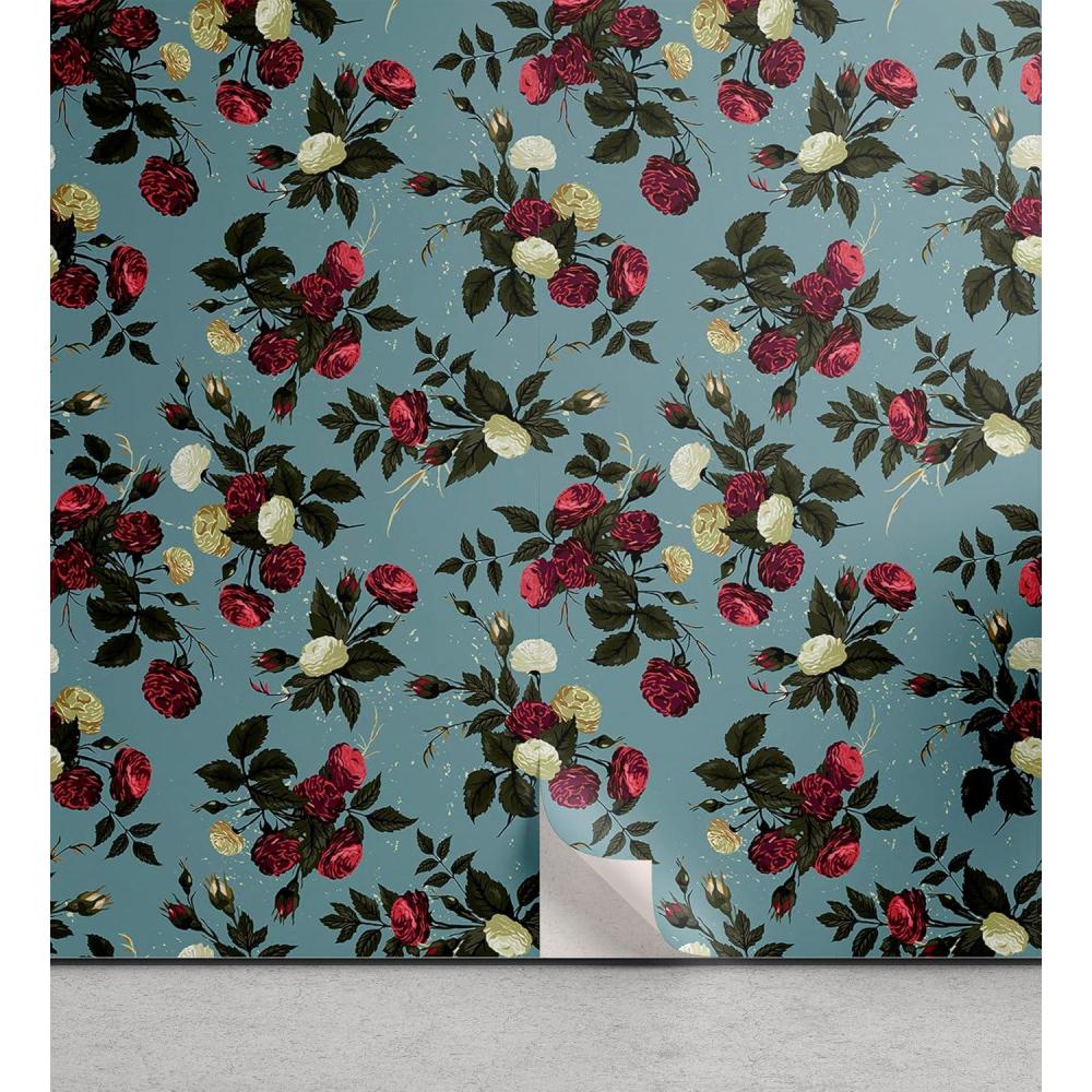 imageAmbesonne Floral Peel amp Stick Wallpaper for Home Valentines Day Theme Vintage Style Romantic Roses Pattern Plot SelfAdhesive Living Room Kitchen Accent 13 x 100 Dark Fuchsia and Slate Blue