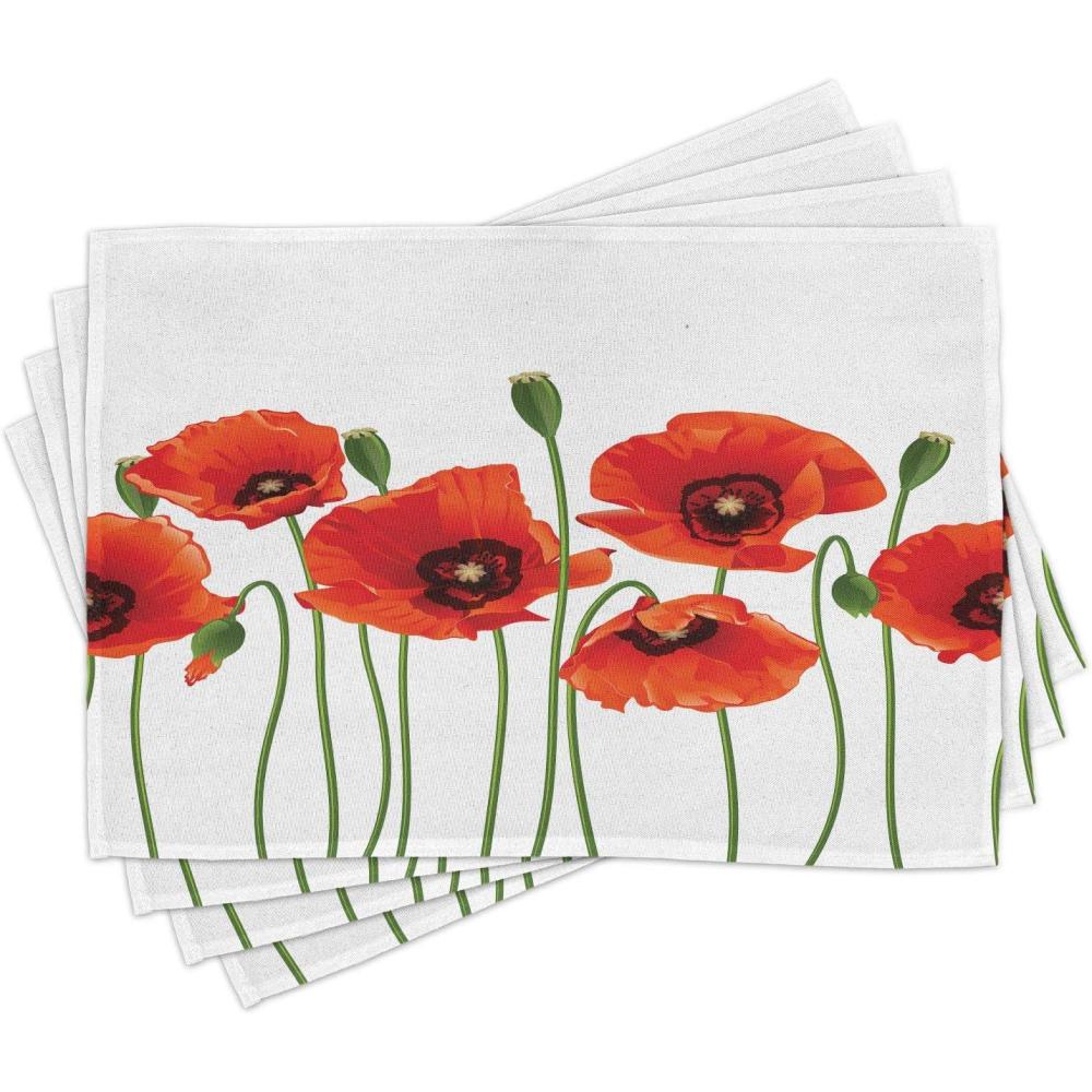 imageAmbesonne Floral Place Mats Set of 4 Poppies of Spring Season Pastoral Flowers Botany Bouquet Field Nature Theme Art Washable Fabric Placemats for Dining Table Standard Size Orange Green