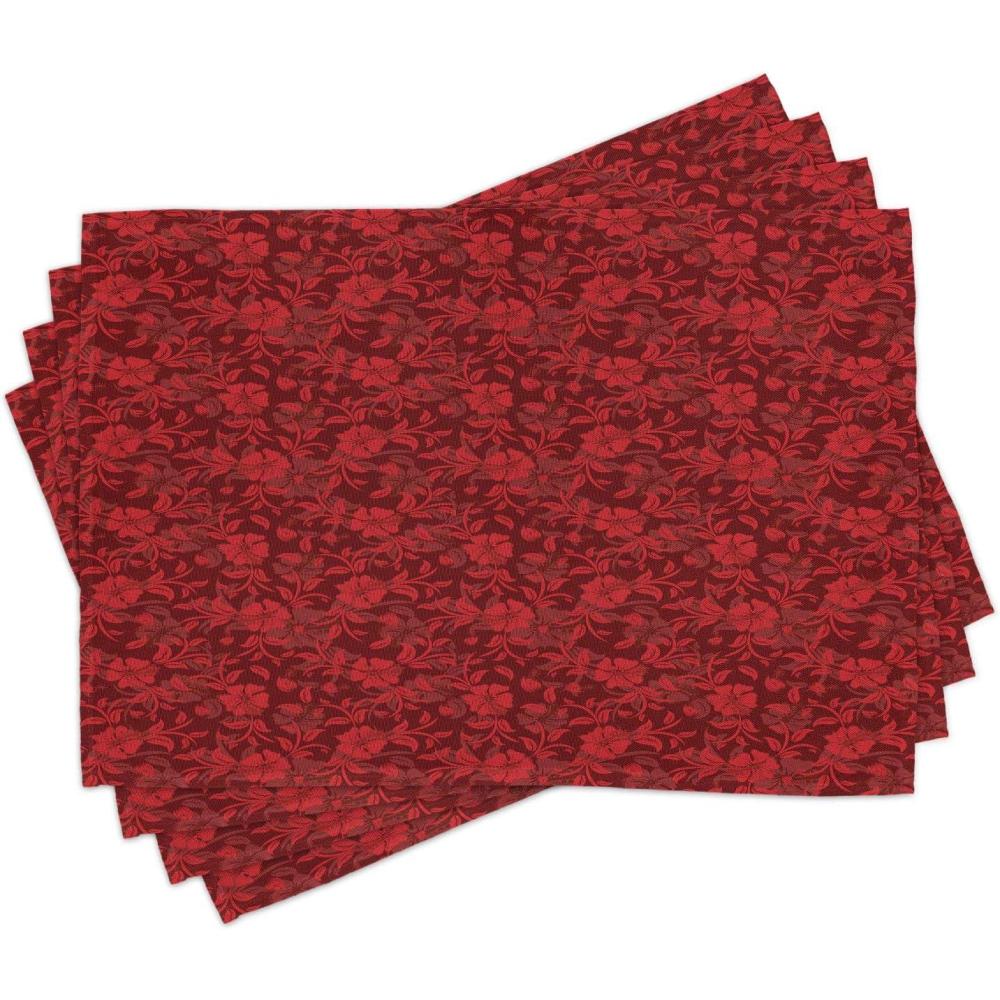imageAmbesonne Flower Place Mats Set of 4 Floral Details with Leaves Swirls Romantic Vivid Vibrant Pattern Art Print Washable Fabric Placemats for Dining Table Standard Size Burgundy Red