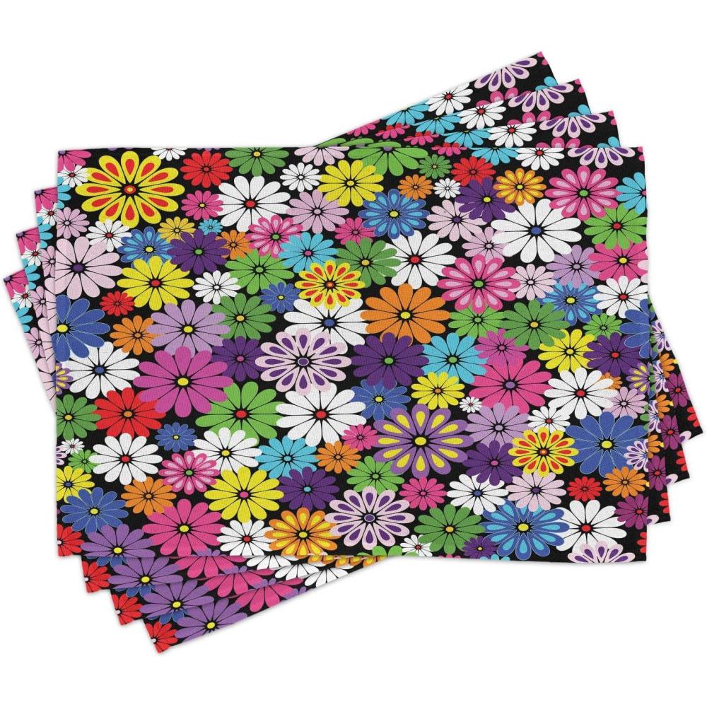 imageAmbesonne Flower Place Mats Set of 4 Floral Vivid Pattern with Colorful Flowers Daisies Wildflowers Cheerful Natural Washable Fabric Placemats for Dining Table Standard Size Purple Black