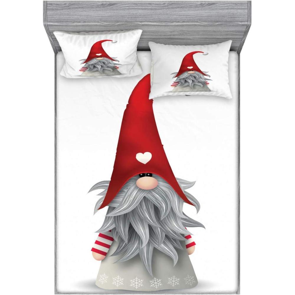 imageAmbesonne Gnome Fitted Sheet amp Pillow Sham Set Nordic Tonttu Myth Finnish Creature Nisser Scandinavian Folklore Print Decorative Printed 3 Piece Bedding Decor Set Full Grey Ruby