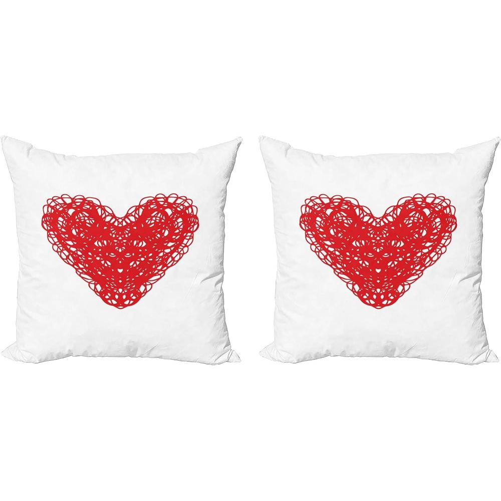 imageAmbesonne Heart Decorative Throw Pillow Case Pack of 2 Scribble Drawing Romantic Shape Valentines Day Jumble Lines Minimalist Print Couch Bedroom Living Room Cushion Cover 24 Vermilion White