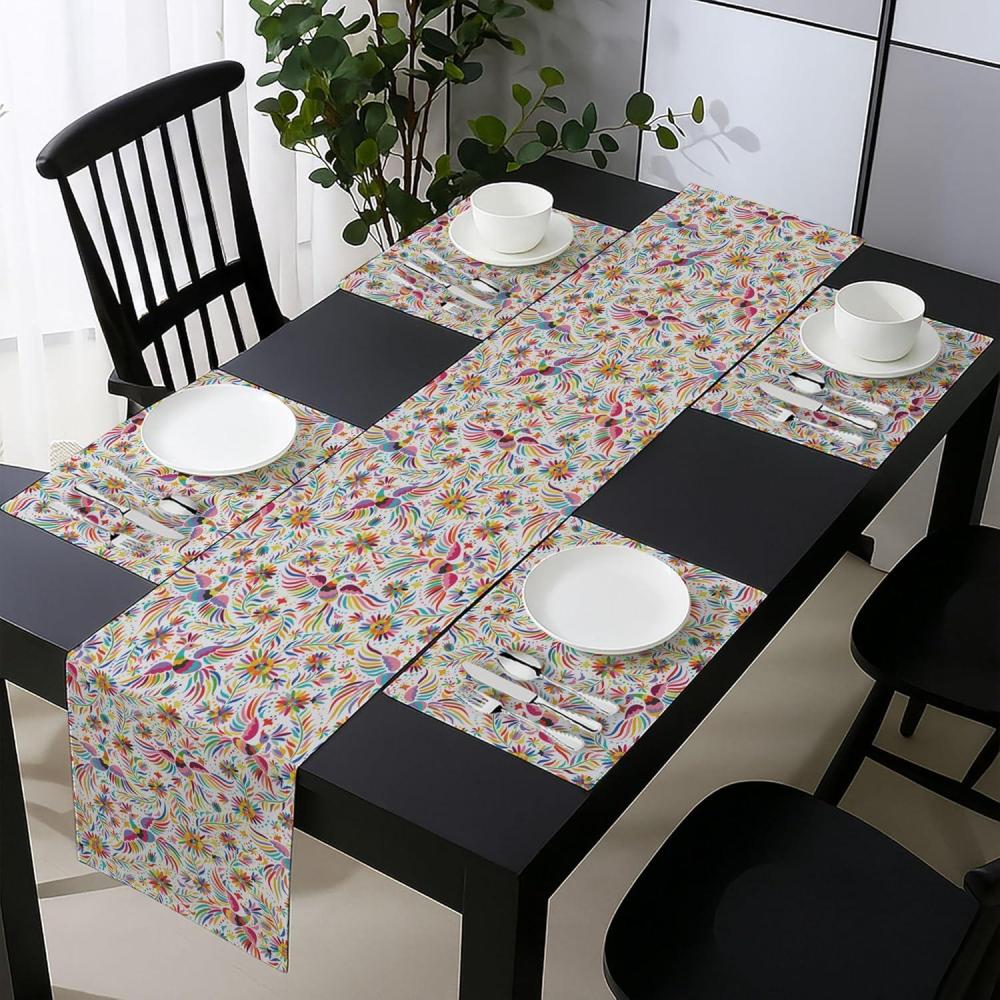 imageAmbesonne Horses Table Runner amp Placemats Classic Swedish Dalecarlian Coral Azure Blue Animals and Green Floral Arrangement Set for Dining Table Decor Placemat 4 pcs Runner 16x72 Blue BurgundyRed Cream