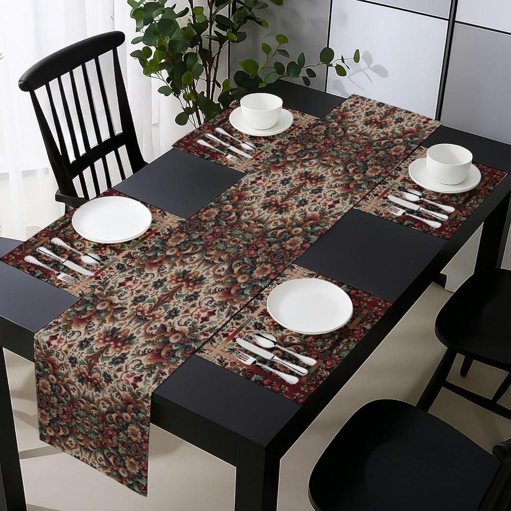 imageAmbesonne Horses Table Runner amp Placemats Classic Swedish Dalecarlian Coral Azure Blue Animals and Green Floral Arrangement Set for Dining Table Decor Placemat 4 pcs Runner 16x72 Blue BurgundyRuby Laurel Green and Camel
