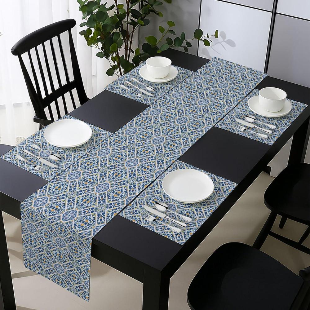 imageAmbesonne Horses Table Runner amp Placemats Classic Swedish Dalecarlian Coral Azure Blue Animals and Green Floral Arrangement Set for Dining Table Decor Placemat 4 pcs Runner 16x72 Blue BurgundyRoyal Blue Orange