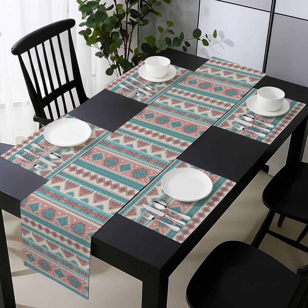 imageAmbesonne Horses Table Runner amp Placemats Classic Swedish Dalecarlian Coral Azure Blue Animals and Green Floral Arrangement Set for Dining Table Decor Placemat 4 pcs Runner 16x72 Blue BurgundyPeach Cream