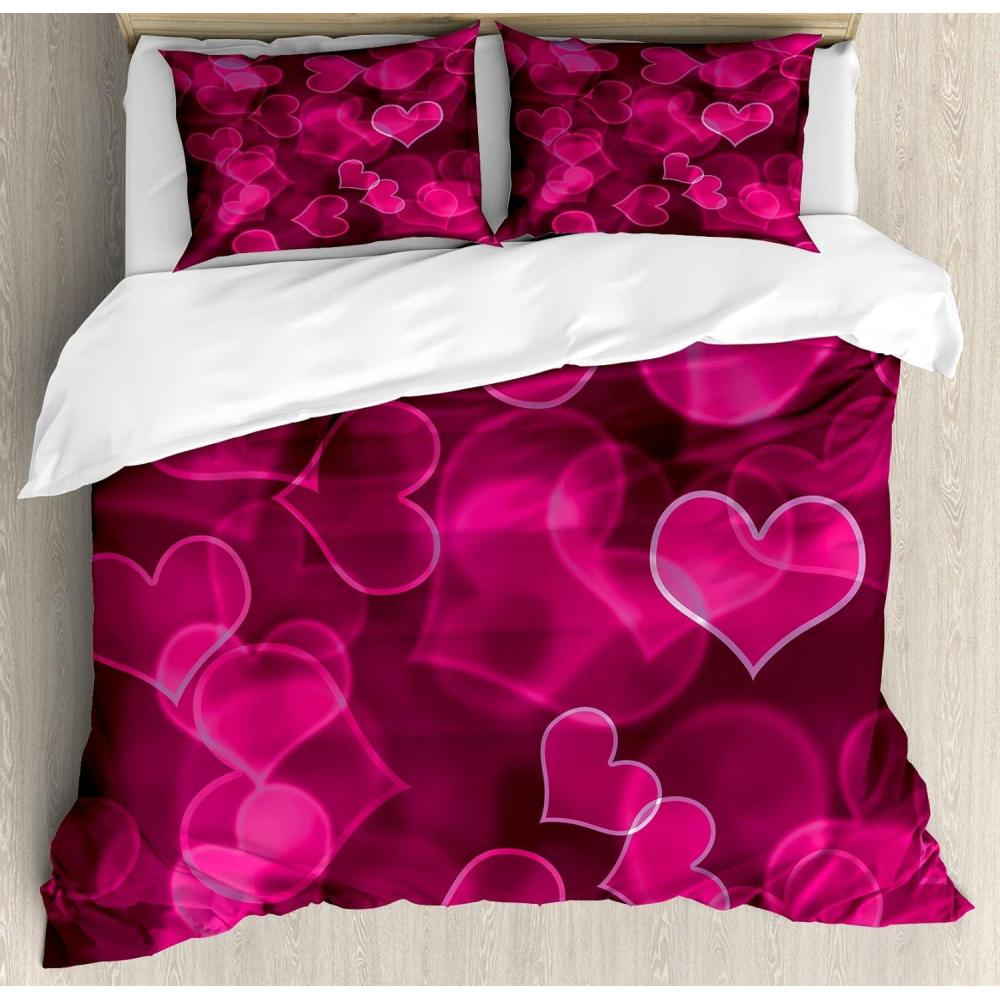 imageAmbesonne Hot Pink Duvet Cover Set Heart Shapes on Blurry Background Romantic Valentines Day Design Decorative 3 Piece Bedding Set with 2 Pillow Shams Queen Size Magenta Pink