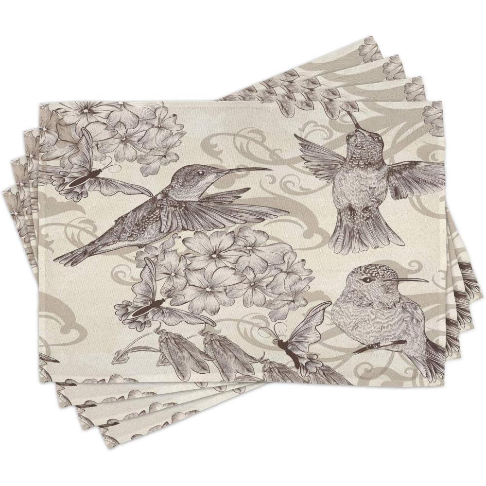 imageAmbesonne Hummingbirds Place Mats Set of 4 Birds and Flowers Monochromic Classical Design Nostalgia Ornate Washable Fabric Placemats for Dining Table Standard Size Beige Brown