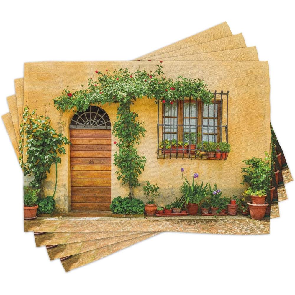 imageAmbesonne Italy Place Mats Set of 4 Porch Different Flowers Pots Fresh Plants City Life in Tuscany Europe Washable Fabric Placemats for Dining Table Standard Size Green Brown