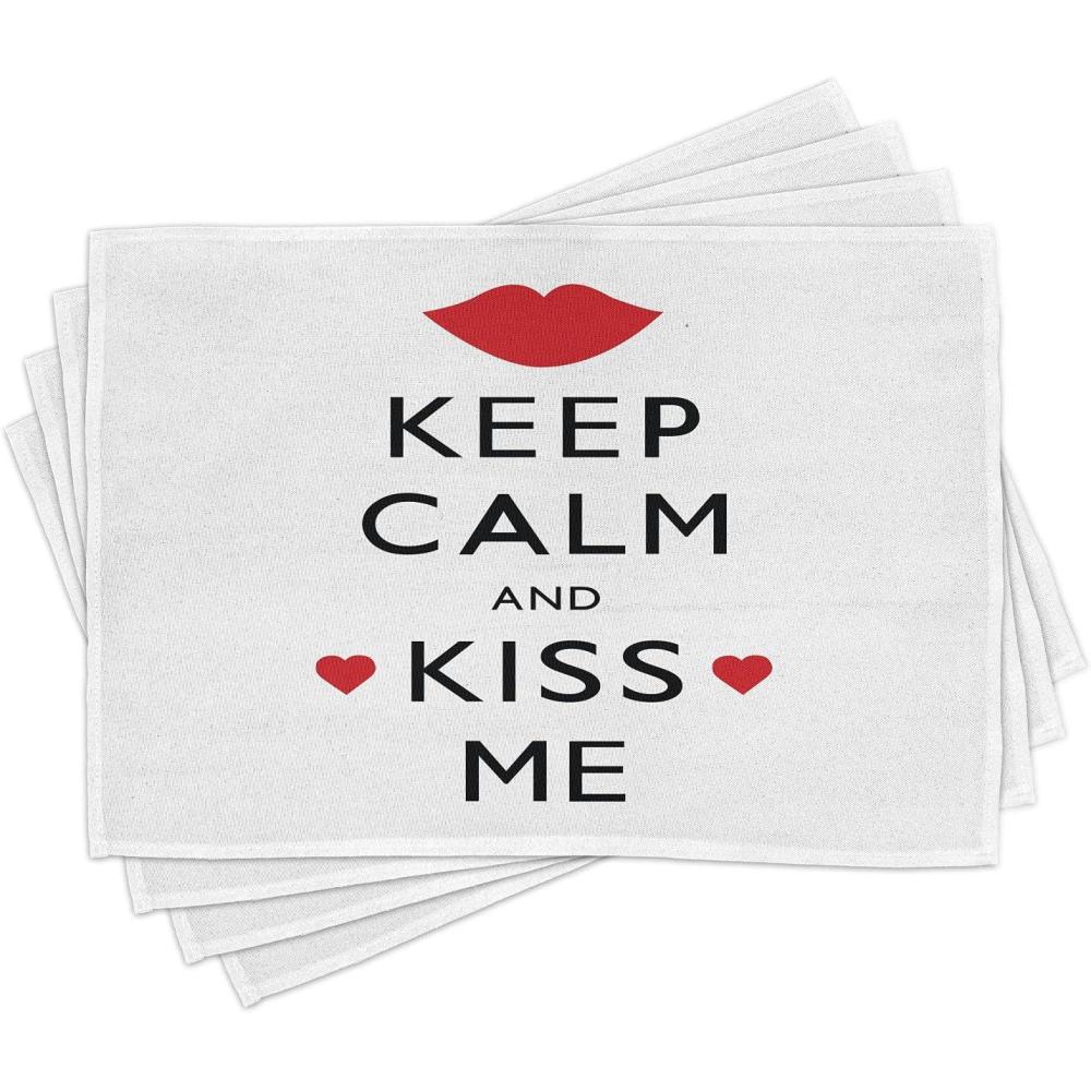 imageAmbesonne Keep Calm Place Mats Set of 4 Kiss Me Poster Design with Red Hearts and a Kiss Valentines Day Romance Washable Fabric Placemats for Dining Room Kitchen Table Decor Black Red White