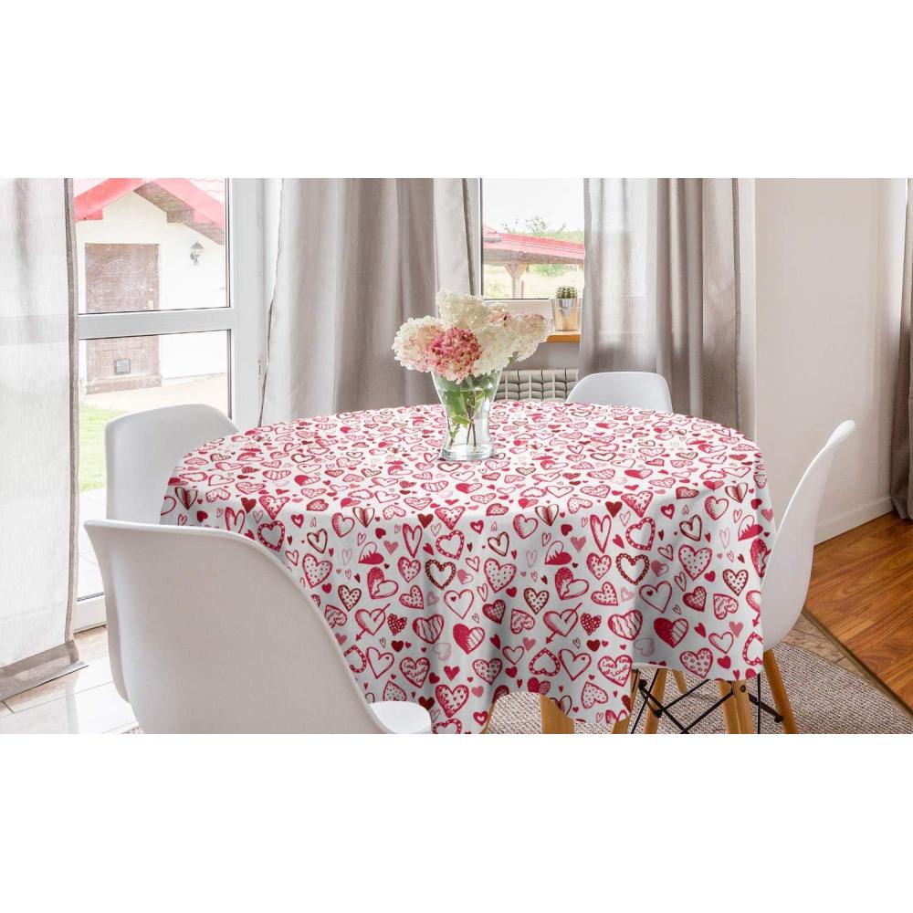 imageAmbesonne Love Round Tablecloth Valentine Hearts Gatherings Engagement Honeymoon Arrow Doodle Style Print Circle Table Cloth Cover for Dining Room Kitchen Decoration 60 Magenta Ruby White