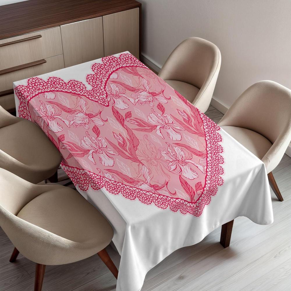 imageAmbesonne Love Tablecloth Lace Heart with Floral Pattern Wedding Valentine Blossoms Leaves Classic Retro Rectangular Table Cover for Dining Room Kitchen Decor 60 X 90 White Pink