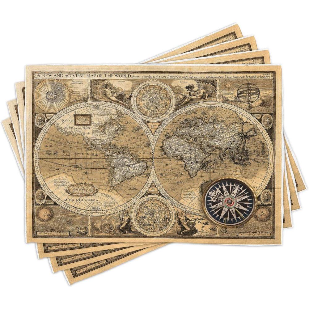 imageAmbesonne Map Print Place Mats Set of 4 Old Map 1626 a New and Accurate Map of World Historical Manuscript Washable Fabric Placemats for Dining Table Standard Size Pale Brown Black Brown