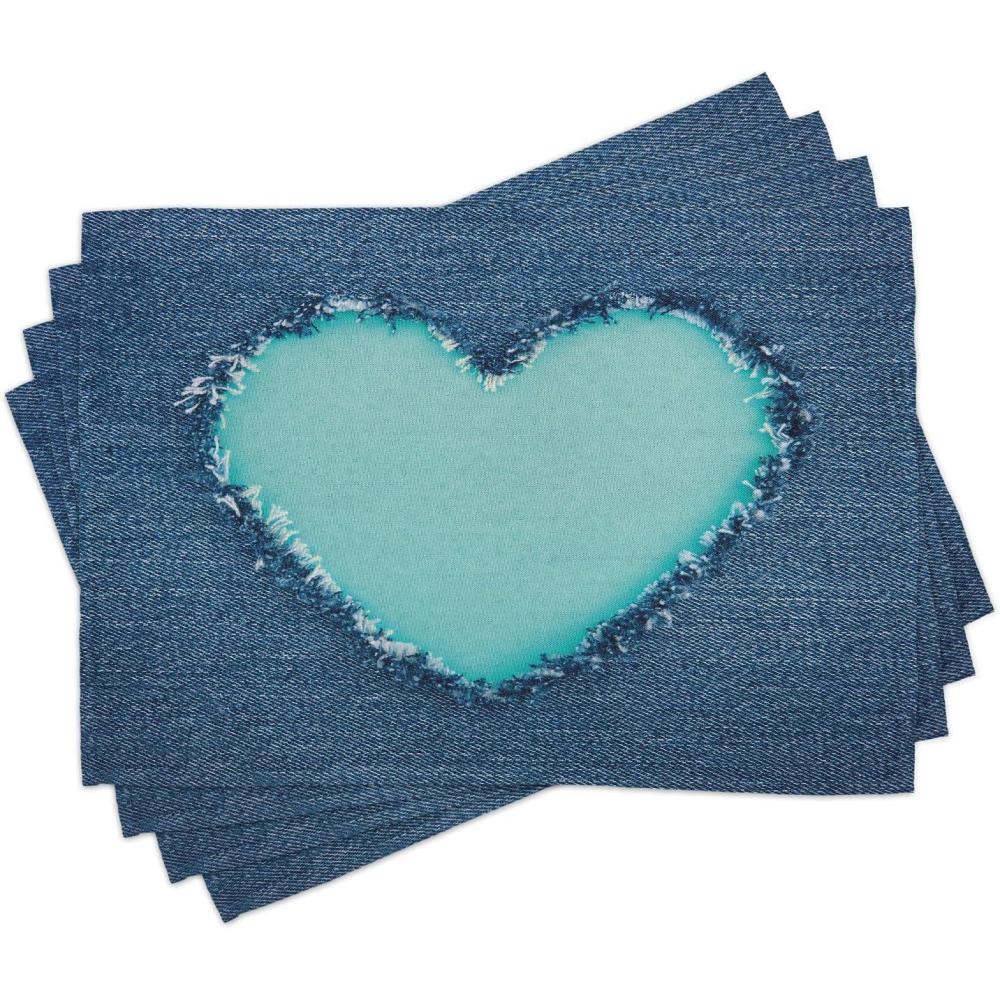 imageAmbesonne Navy and Teal Place Mats Set of 4 Ripped Themed Image Heart Shapes Lover Romance Valentines Day Washable Fabric Placemats for Dining Table Standard Size Navy Blue and Seafoam