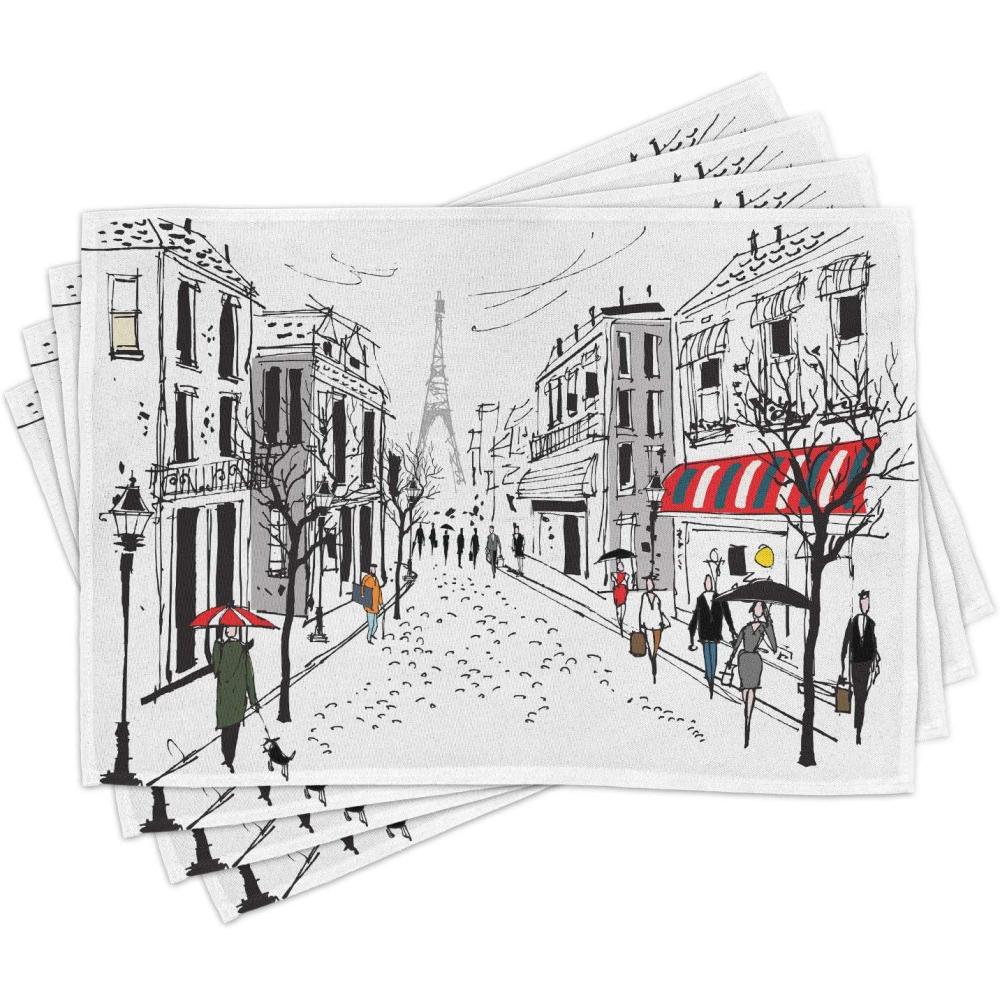 imageAmbesonne Paris Place Mats Set of 4 Old French Pedestrians Stores Trees and The Silhouette of Eifffel Urban Illustration Washable Fabric Placemats for Dining Table Standard Size Gray White
