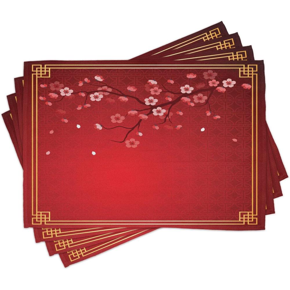 imageAmbesonne Red Place Mats Set of 4 Flowering Branch of a Cherry Tree in Spring with Traditional Chinese Framework Washable Fabric Placemats for Dining Room Kitchen Table Decor Red Marigold Coral