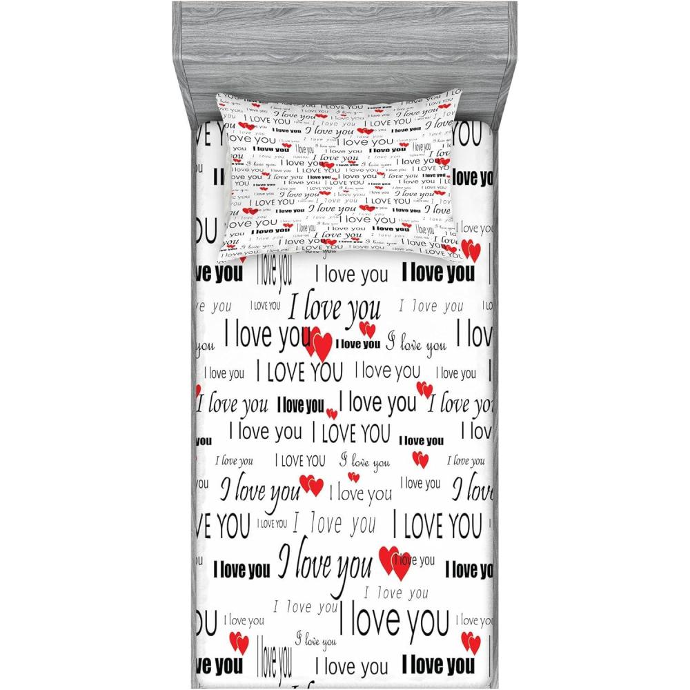imageAmbesonne Romantic Fitted Sheet amp Pillow Sham Set I Love You Words Hearts Romance Couple Valentine Plain Backdrop Decorative Printed 2 Piece Bedding Decor Set Twin Vermilion White