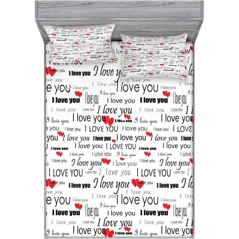 imageAmbesonne Romantic Fitted Sheet amp Pillow Sham Set I Love You Words Hearts Romance Couple Valentine Plain Backdrop Decorative Printed 3 Piece Bedding Decor Set Queen Vermilion White