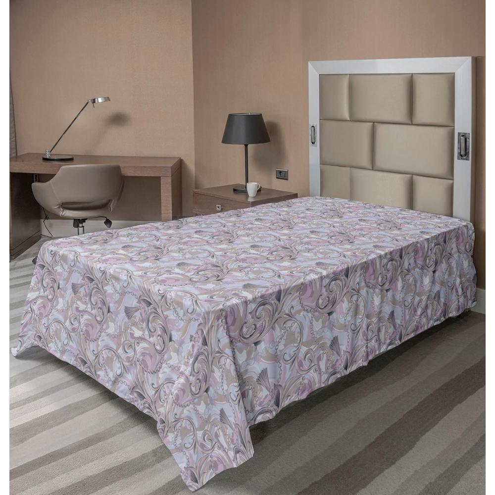 imageAmbesonne Romantic Flat Sheet Valentines Day Kiss Love Me and You Lettering with Blooming Flowers Soft Comfortable Top Sheet Decorative Bedding 1 Piece King Size Pastel Pink Grey EggshellWarm Taupe Lilac